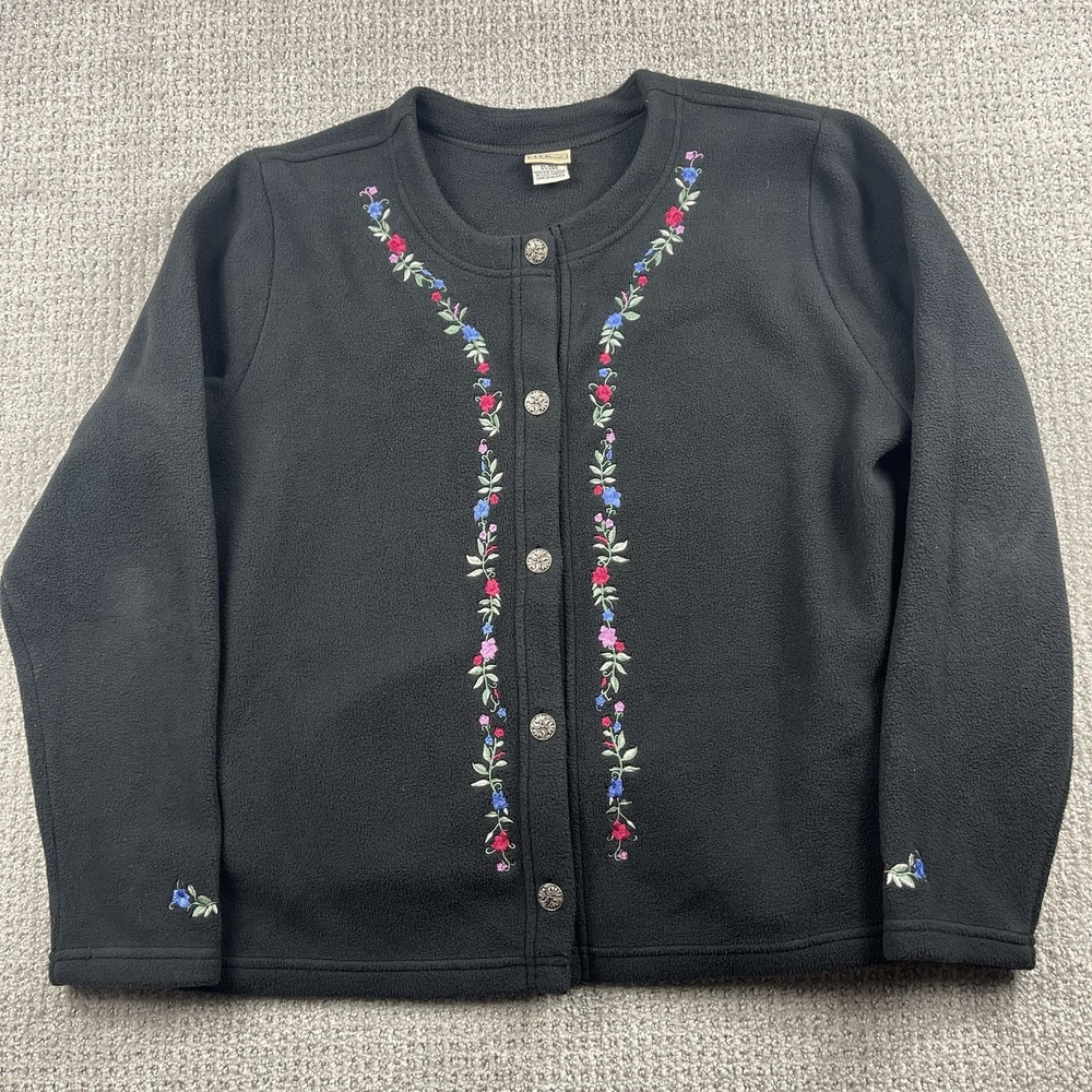 LL Bean Vintage Women XL Fleece Cardigan Sweater Black Floral Embroidered Button